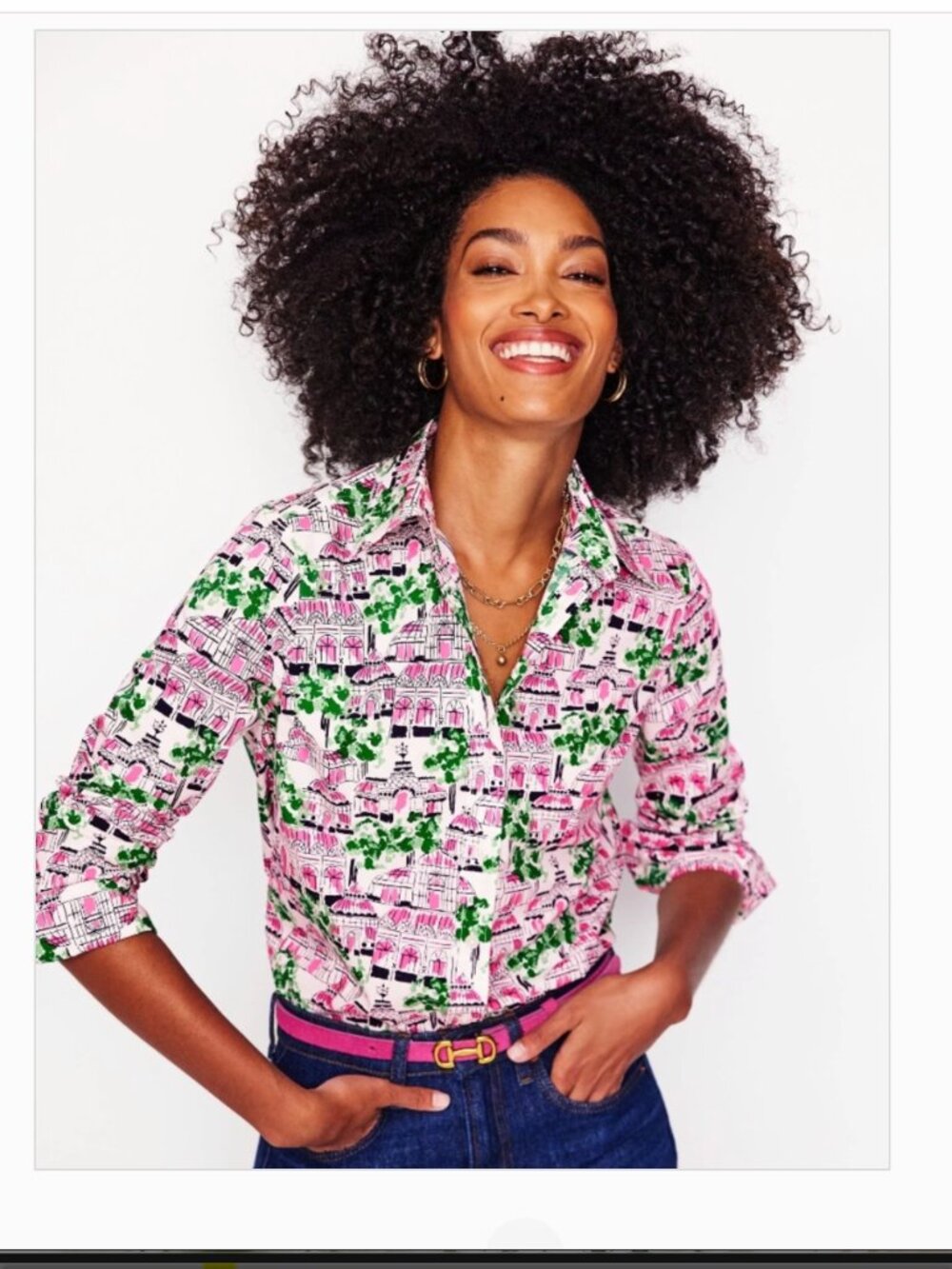 Boden Sienna Cotton Shirt sz 2P Ivory Pink Green Botanical Greenhouse Print